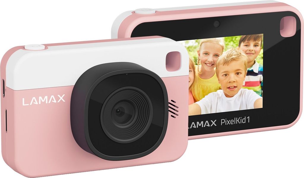 A pink and white LAMAX PixelKid1 digital camera is shown from a slightly angled front view, with a screen displaying four smiling children.