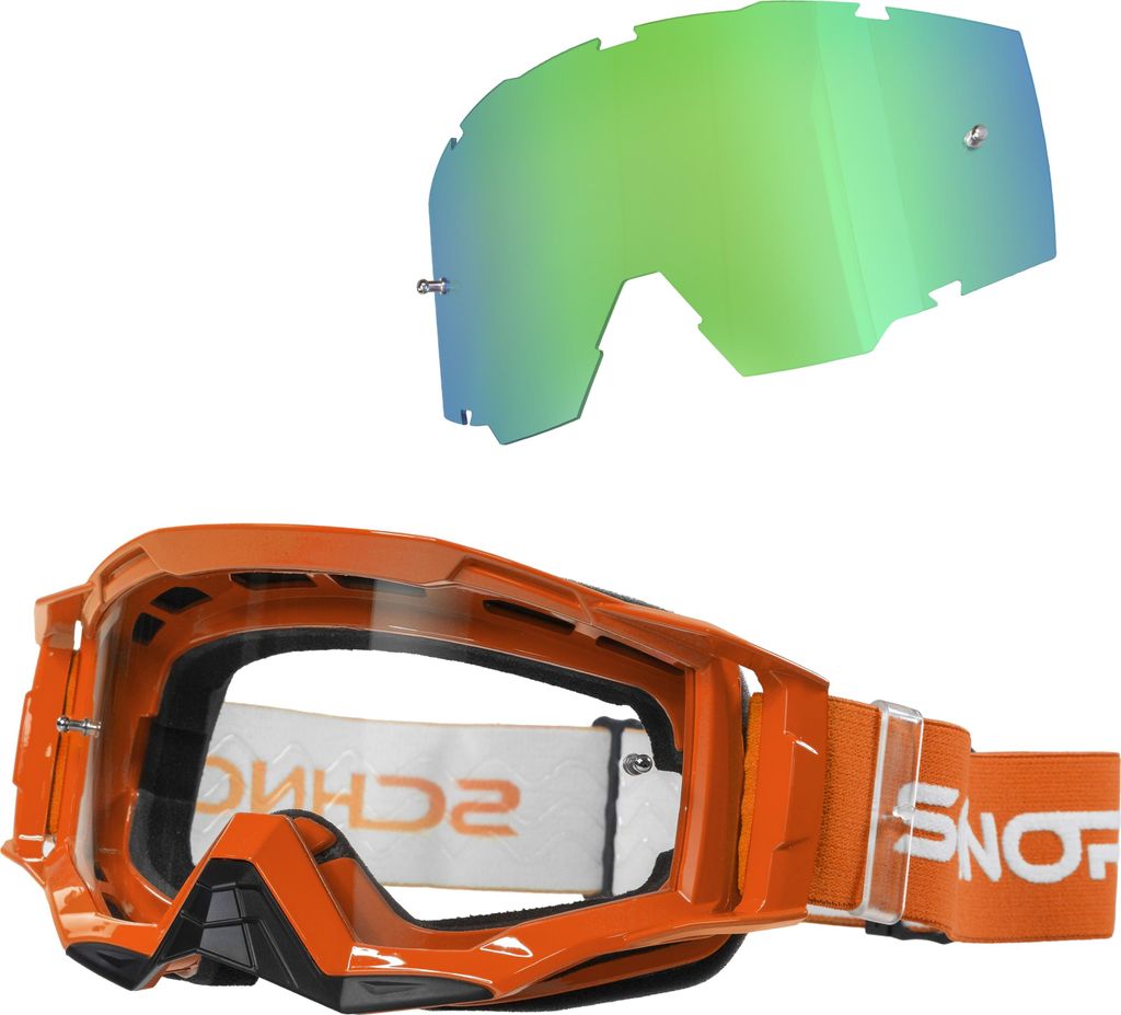 Schnorr MX Neo orange - Motocross Brille | Transparentes Glas (S0), Anti-Fog, Tear-Off mit Wechselglas verspiegelt Grün