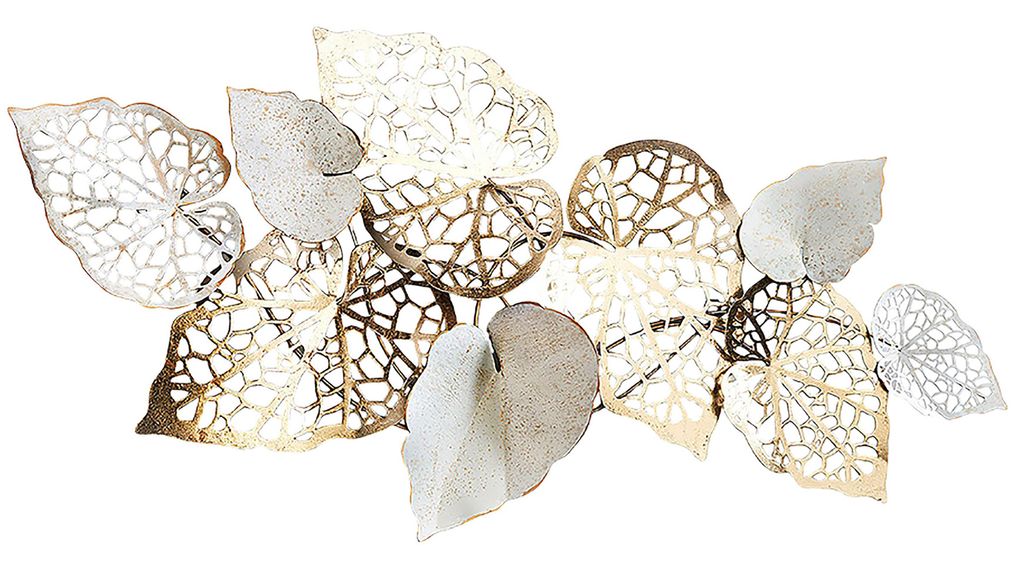 Kobolo Wandbild WohnzimmerWanddeko Metallbild 3D - GOLDEN LEAF - aus Metall in gold und weiß