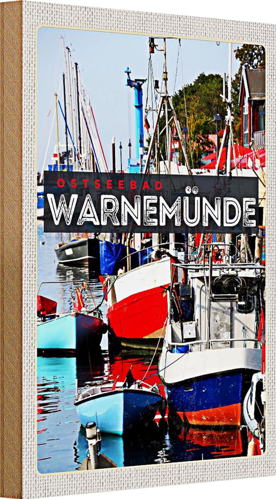 Holzschild Reise 20x30cm Warnemünde Ostseebad Schiffe Boot Meer