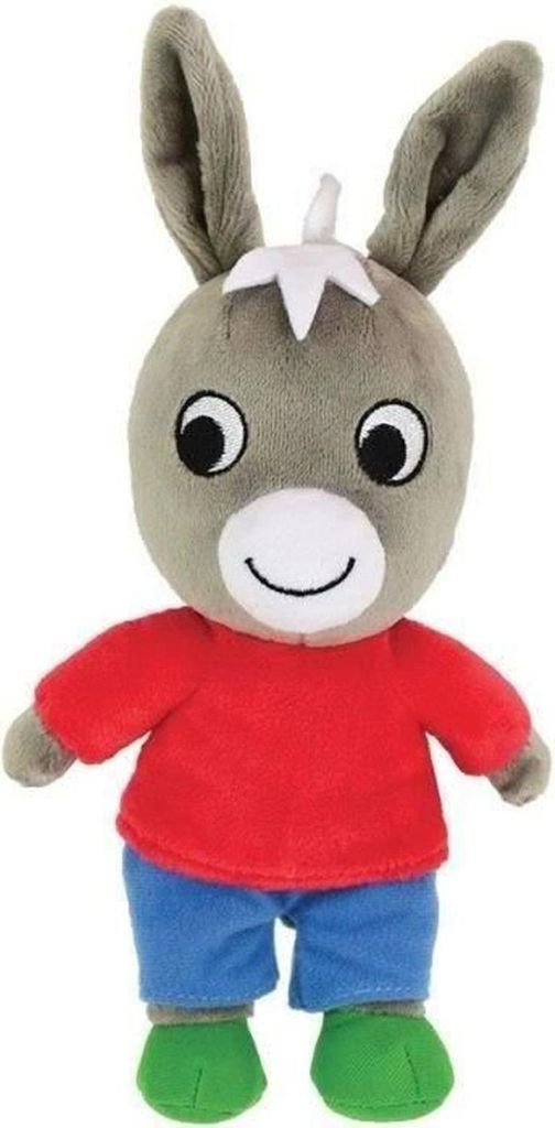 A plush toy donkey standing against a white background.