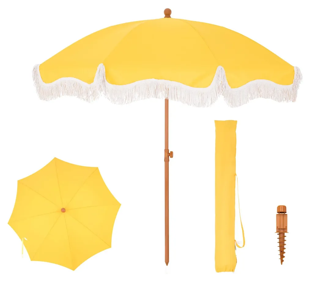 Parasol de plage bohème rond 200 cm protection UV 50+ coloris doré