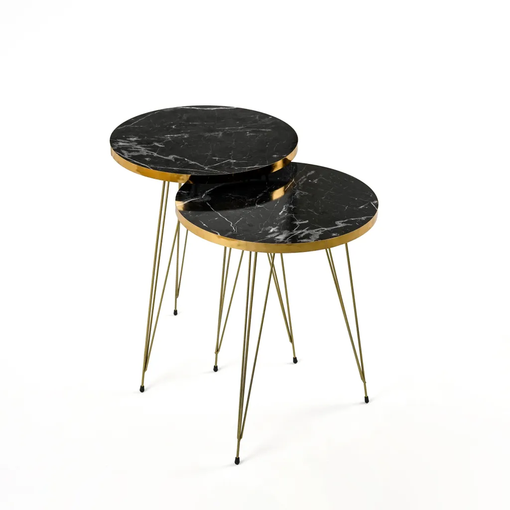 Table gigogne effet marbre noir - Lot de 2 tables rondes style chic - 3