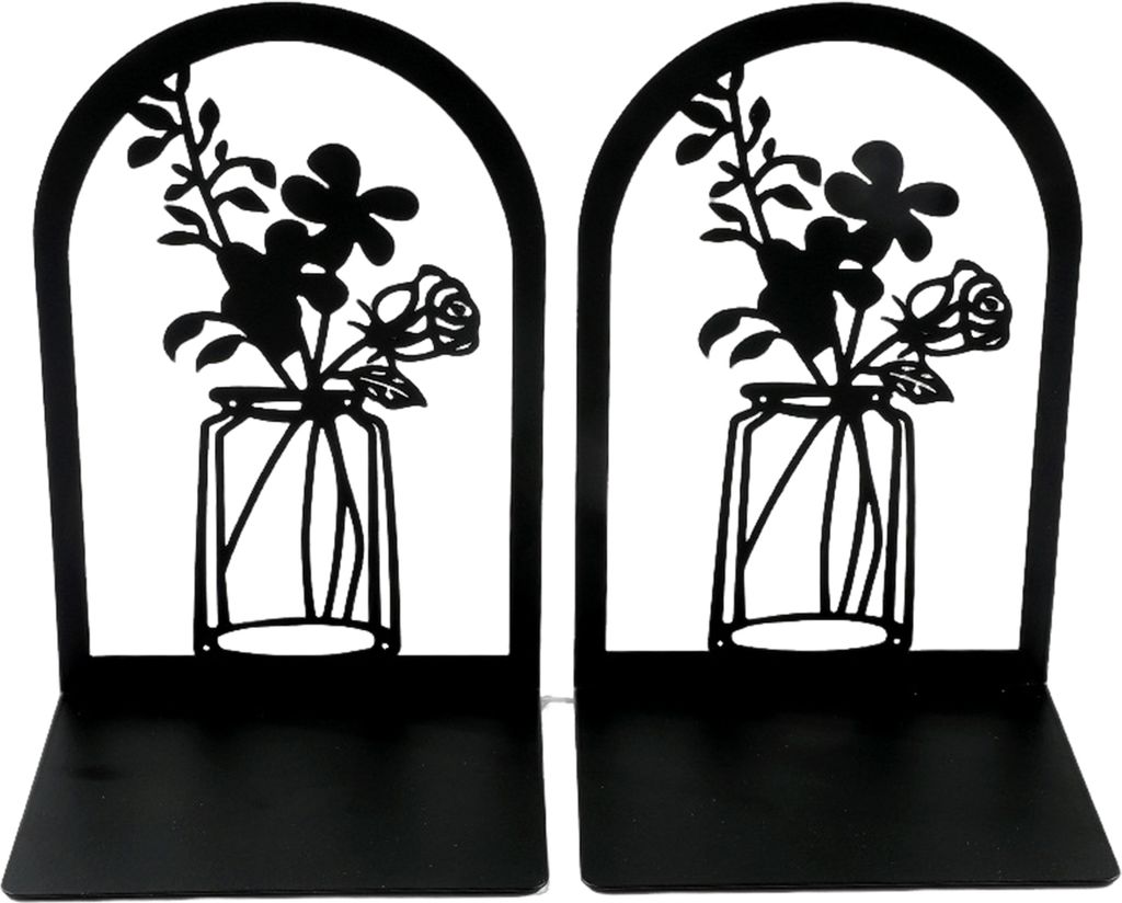 2 Stück Bücherregal-Buchstützen, hohle Blume, geschnitztes Muster, Vase, Buchstützen, L-förmiges Design, rutschfester Buchhalter