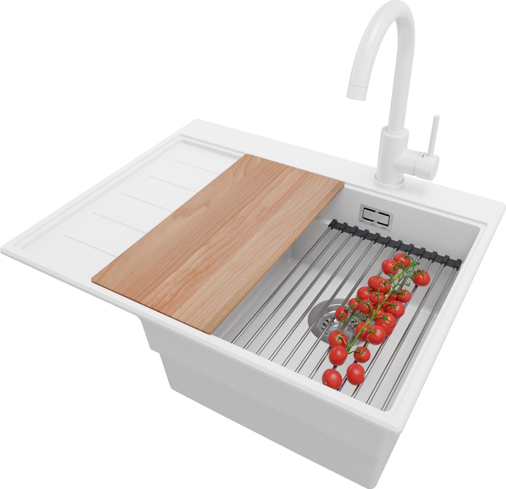PRIMAGRAN Granitspüle Weiß 62x50cm, Spülbecken 1 Becken + Küchenarmatur 32x20cm + Ablauf-Set + Küchenzubehörset, Küchenspüle ab 40er Unters...