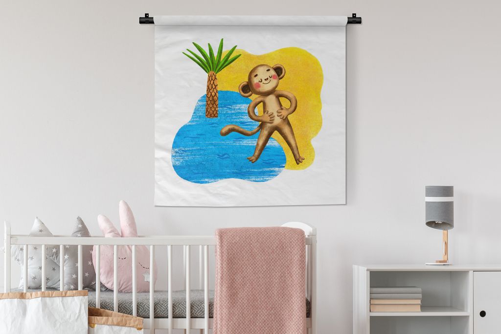 MuchoWow Wandteppich Wandbehang Affe - Palme - Meer 90x90 cm Tapisserie Dekoration Wandtuch - Wandaufhänger