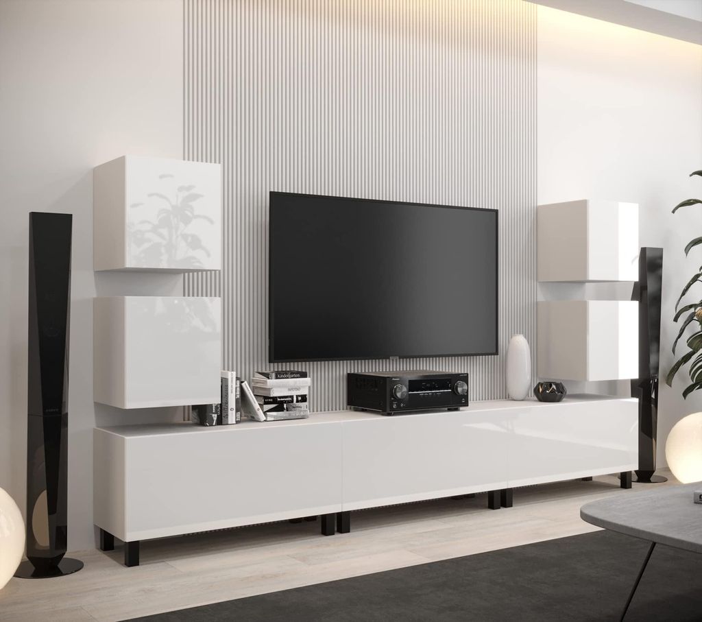 Furnitech Wohnwand Wohnzimmer - Wohnzimmer Möbel mit LED Blau - Hängend Wohnwand Modern - Regale und TV Schrank (AN107-21W-HG2)