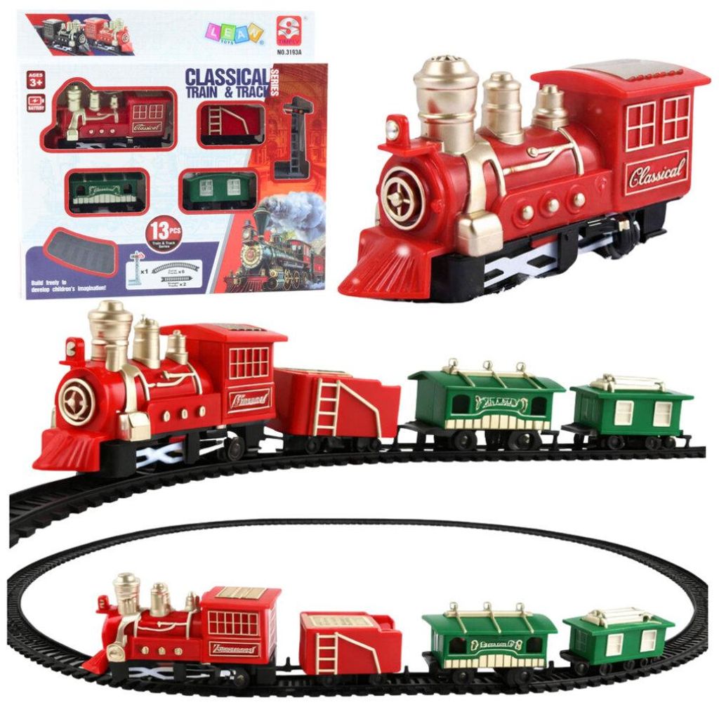 Klassische Mini-Eisenbahn, batteriebetriebene Lokomotiven, Waggons mit Schienen, 13-teilig.