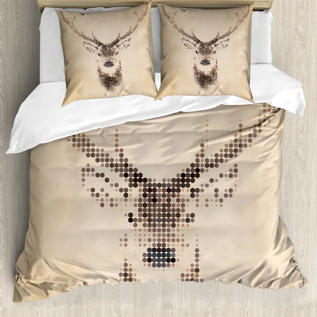 ABAKUHAUS Copripiumino Hirsch, Deer Portrait con pois, antiacaro, adatto a chi soffre di allergie, con federe, 200 cm x 200 cm - 80 x 80 cm, crema marrone