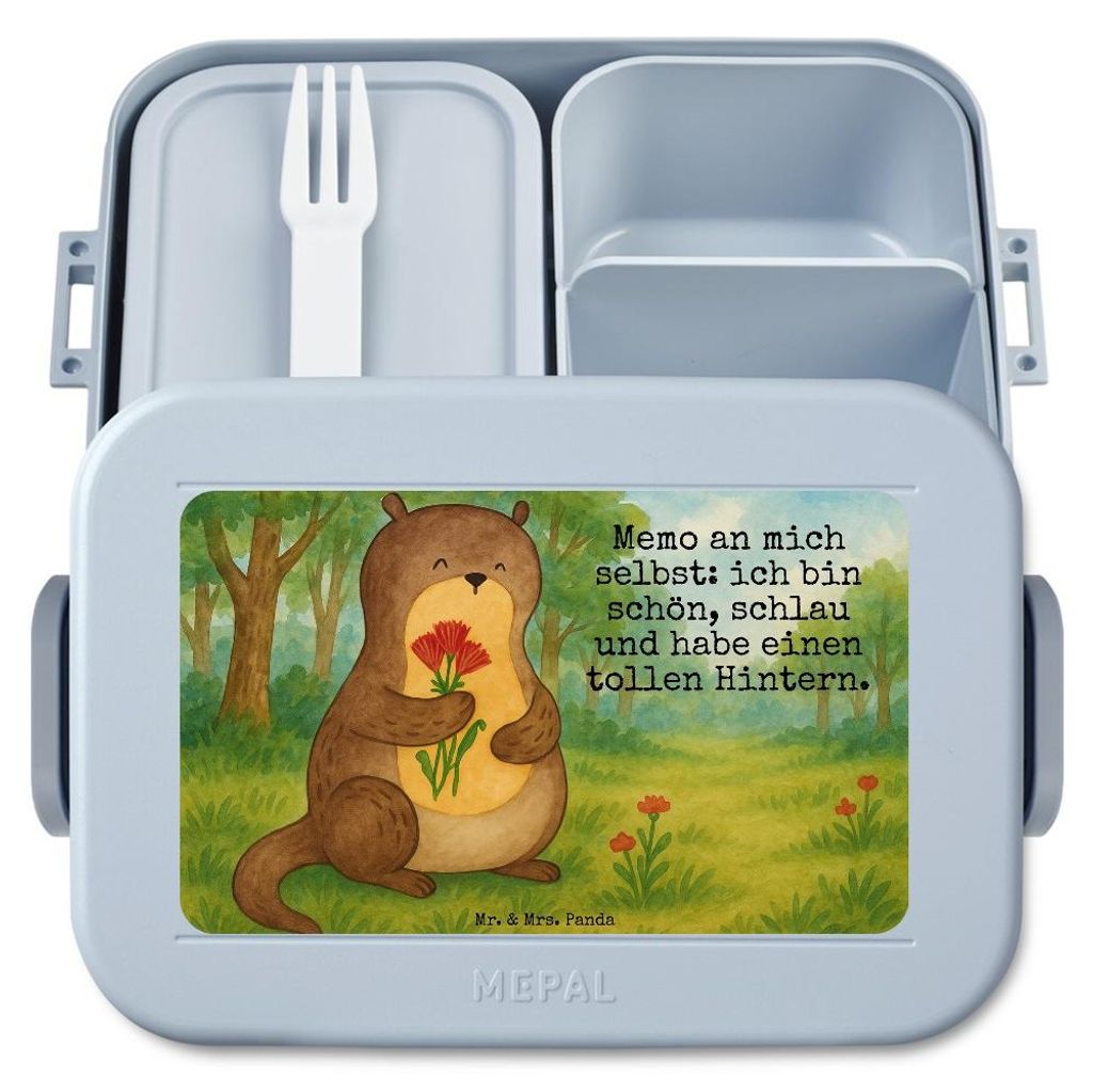 Mr. & Mrs. Panda Essensbox Otter Blumenstrauß Design - Blau Pastell - Geschenk, Snackbox, Seeotter, Bentobox, Selbstvertrauen, Achtsamkeit, Snackd...