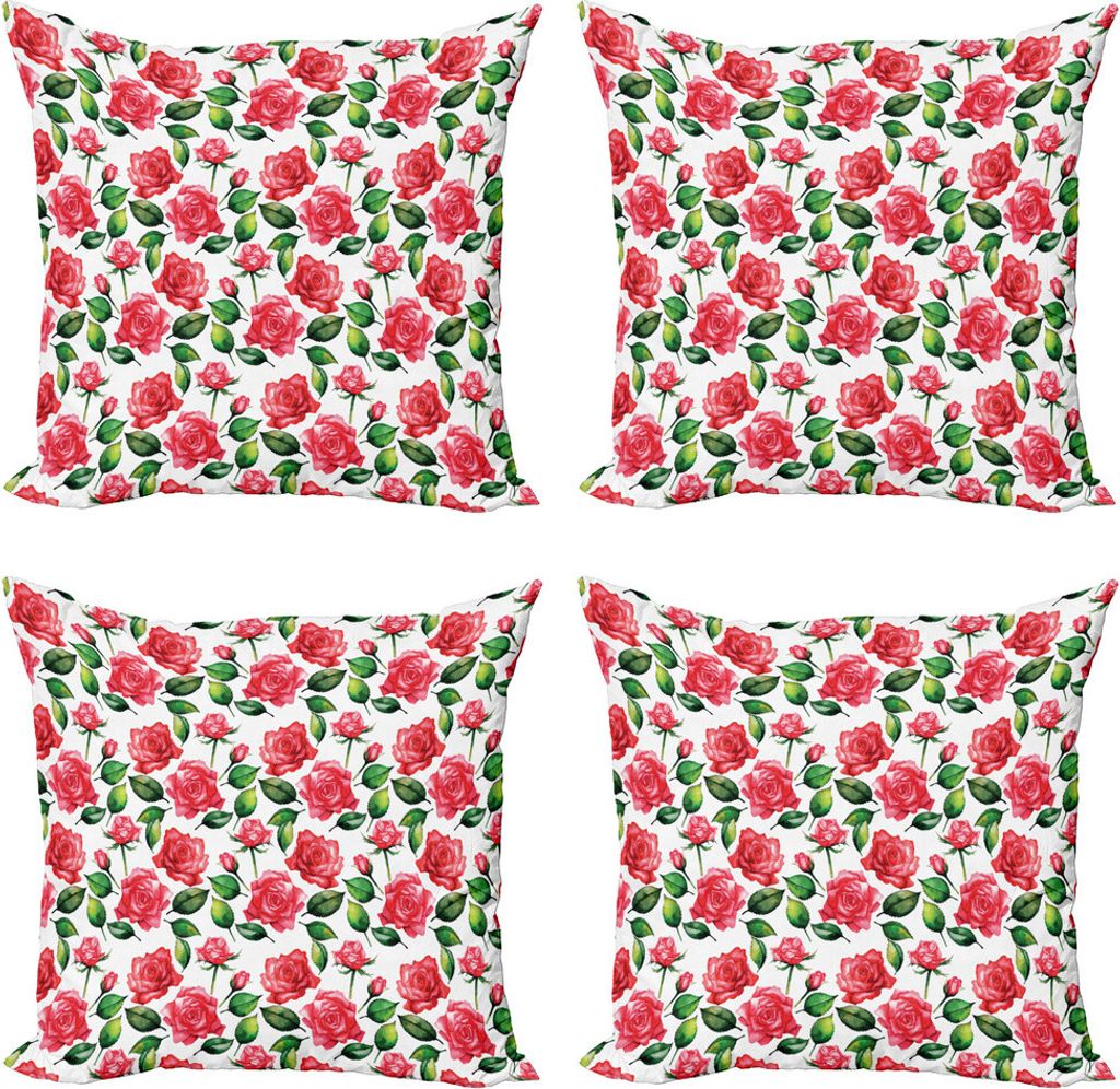 ABAKUHAUS Rose Kissenbezug Set (4 Stück), Aquarell Frische Blüten, Moderner Doppelseitiger Digitaldruck, 40 cm x 40 cm, Rot, Grün, Weiß