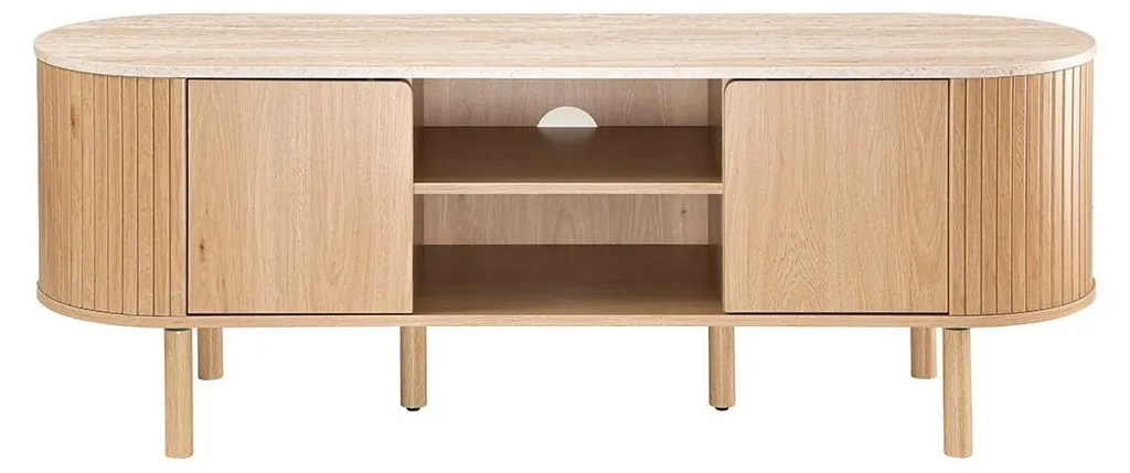 Meuble TV Salon 140 cm HELIOS Plateau Travertin Rangement Multimédia
