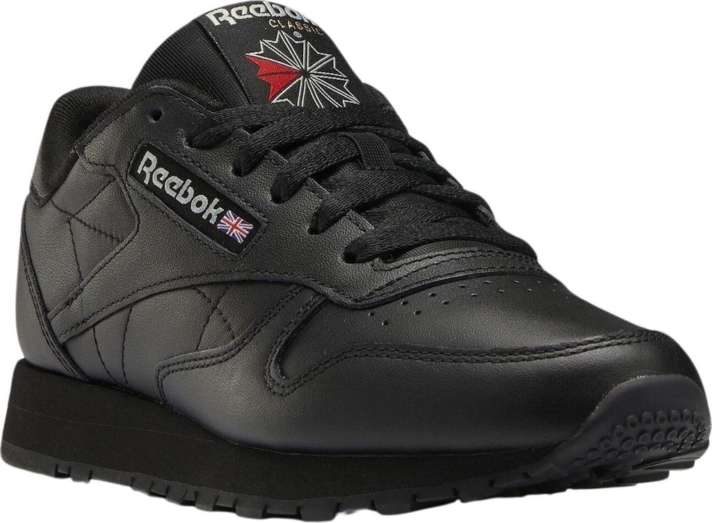 A black Reebok Classic Leather sneaker shown from a side-angle.