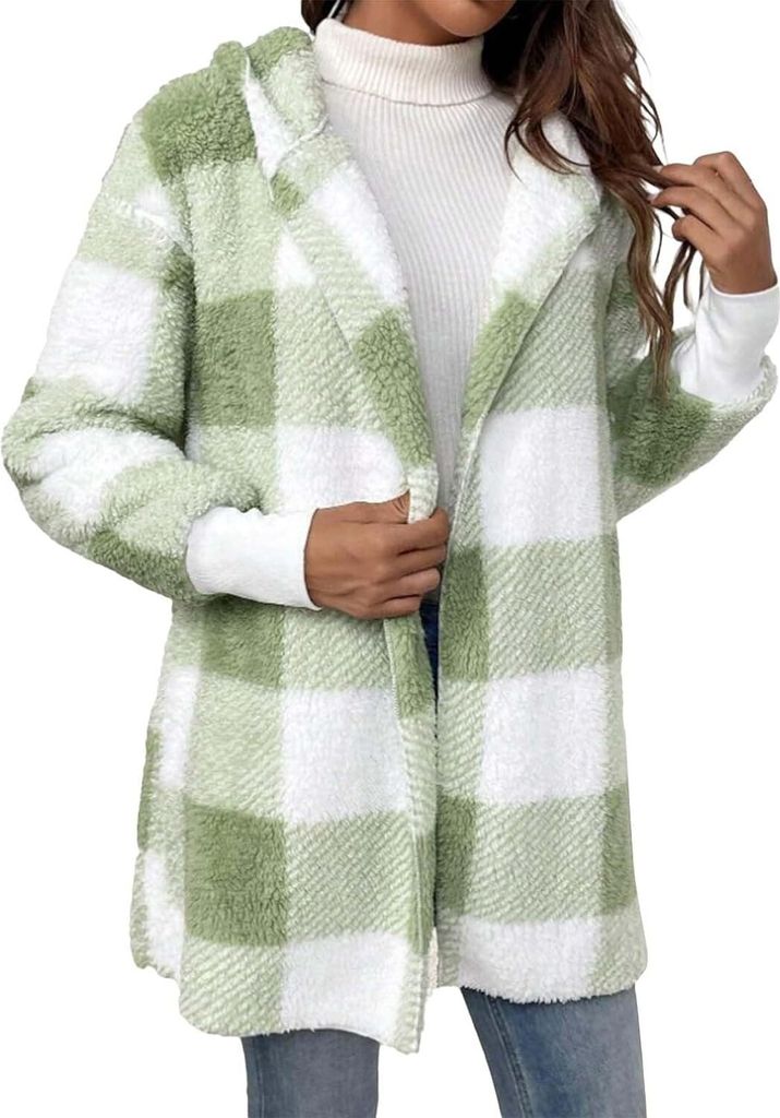 ASKSA Damen Teddyjacke Color Blocked Teddyfleece Jacke Fashion Casual Wintermantel Jacken,Hellgruen,XL