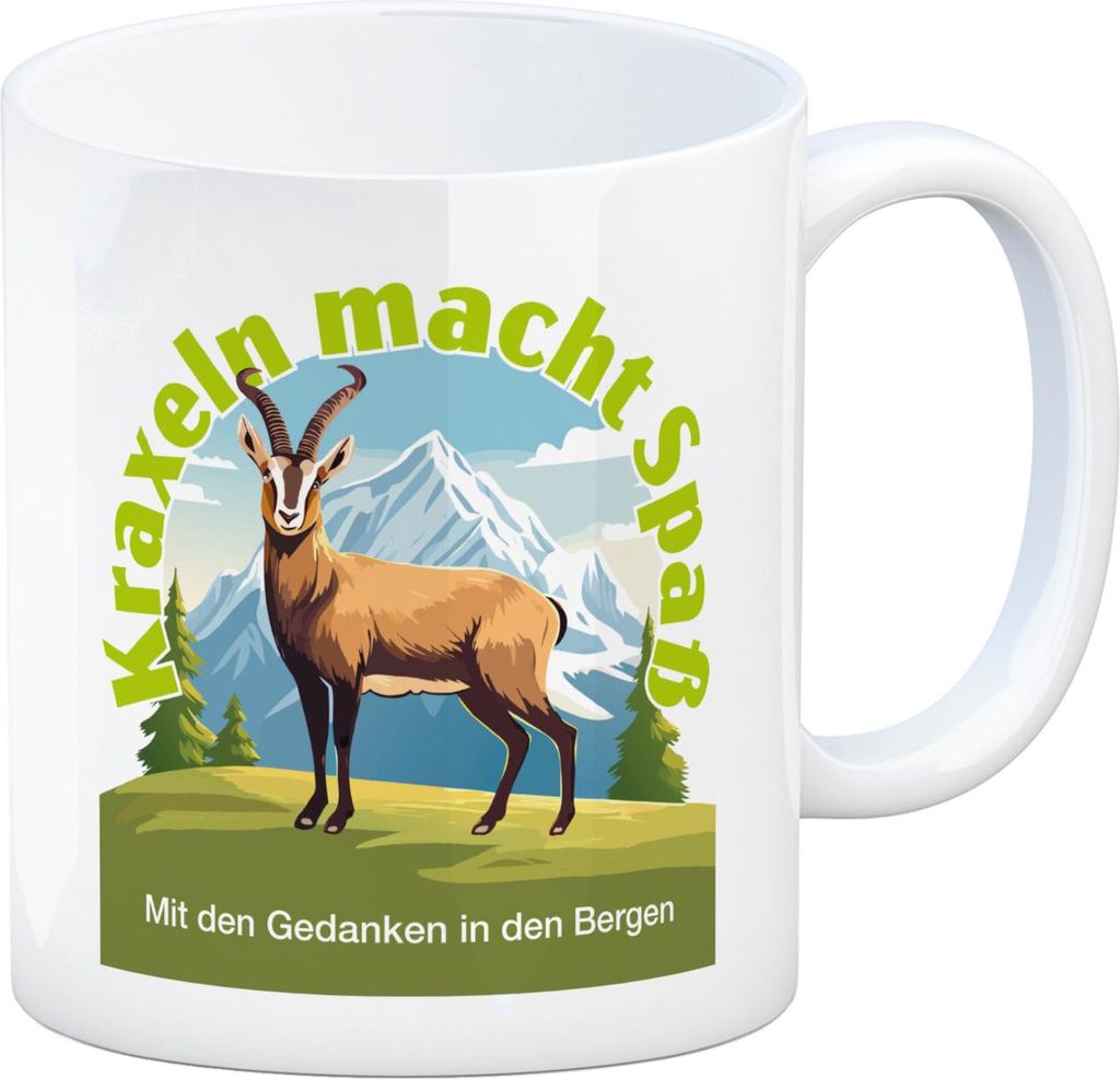Steinbock Kaffeebecher mit Spruch: Kraxeln: Spaß für Gedanken in Bergen.