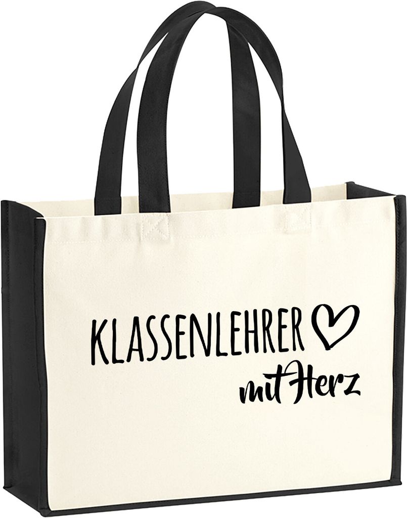 Huuraa Jutetasche Klassenlehrer mit Herz 21 Liter Black Jute und Baumwolle Einkaufstasche Geschenkidee