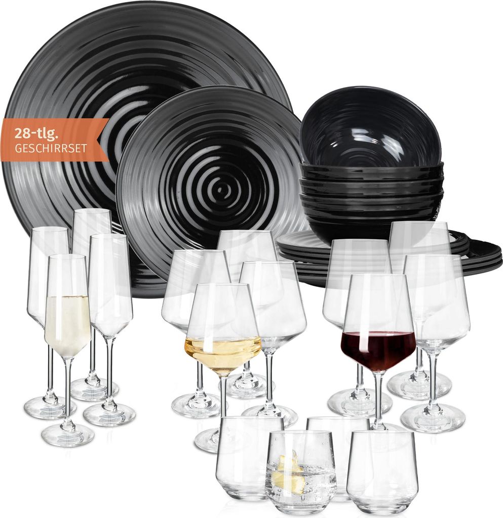 Melamin Camping Geschirr Set 4 Personen Stone Dark Black + 16 Milano Gläser Wassergläser Weingläser Champagner-Gläser Flûtes Tafelgeschirr Pic...