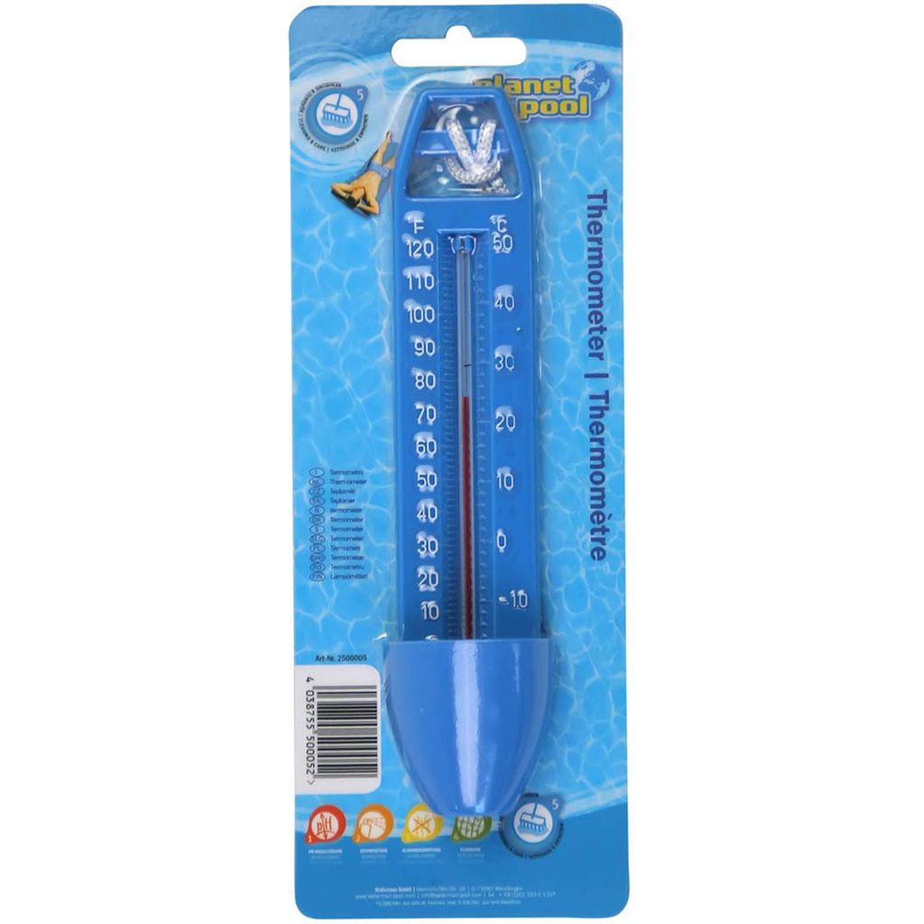 A blue thermometer packaged for sale, with a water-like background graphic.