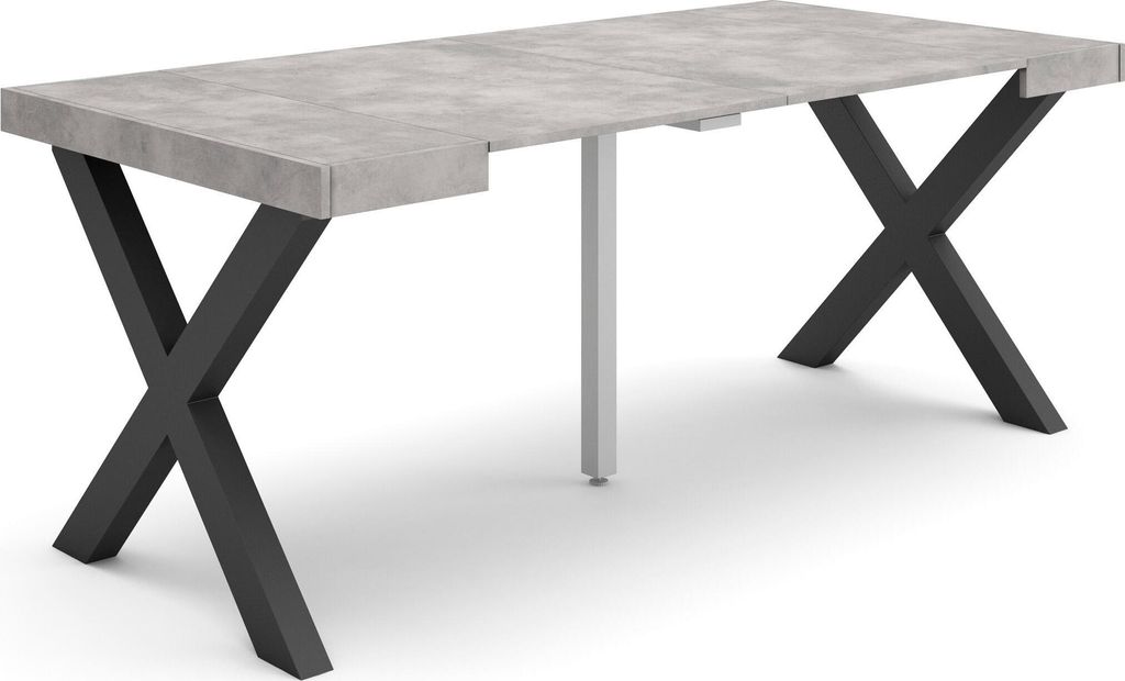 Ausziehbarertisch, 180x90x73cm, Für 8 Gäste, Massivholz Beine, Zementgrau