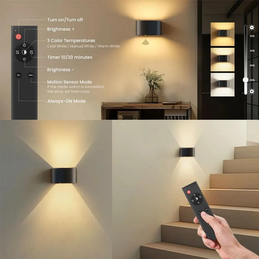 Applique LED rechargeable avec 3 températures de couleur et noir - 6