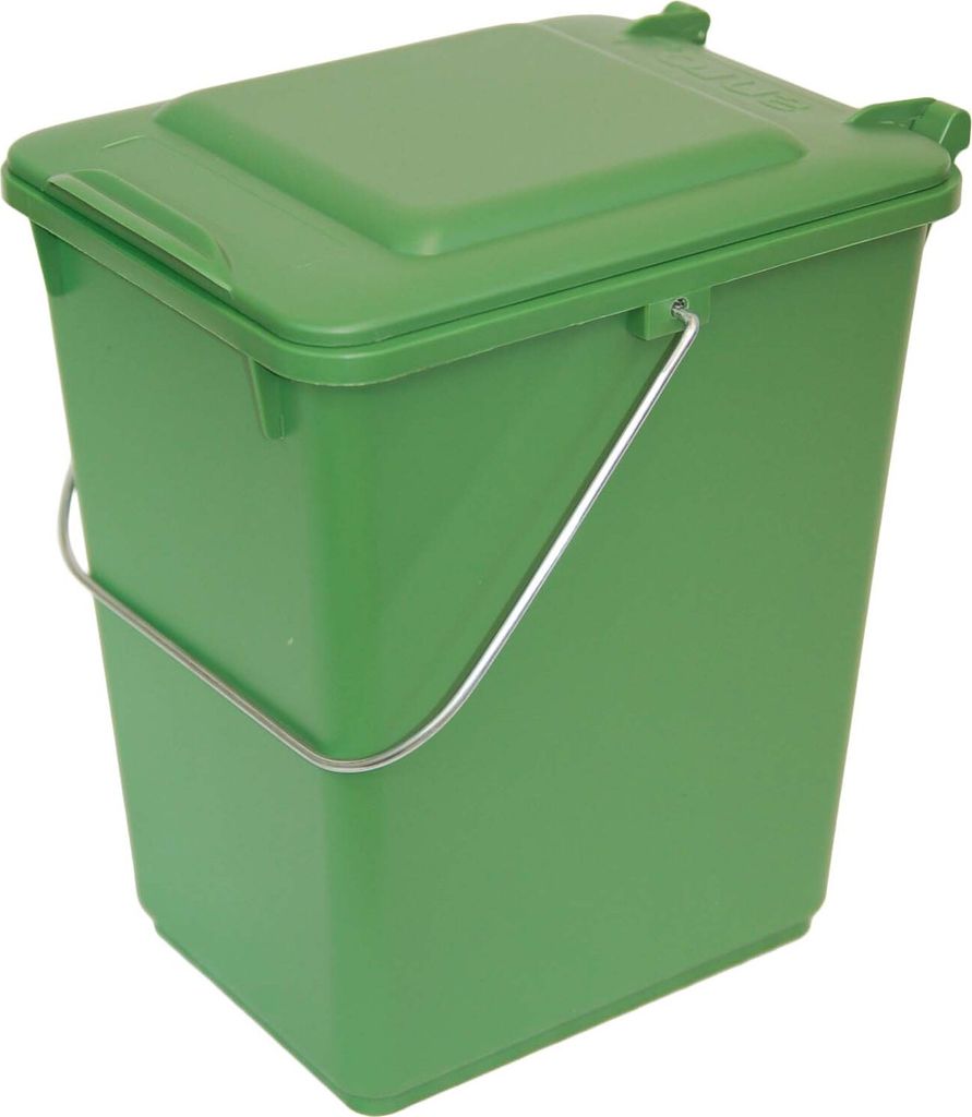 A green bucket with a lid and a metal handle, presented against a white background.