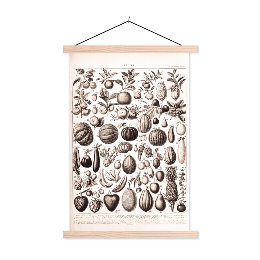 MuchoWow Textilposter Obst - Lebensmittel - Schwarz - Weiß 40x60 cm mit holzfarbenen Rahmen - Poster