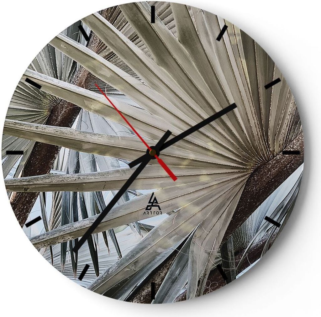 Wanduhr - Rund - Glasuhr - Blatt Palme Natur - 40x40cm - Produktbild 