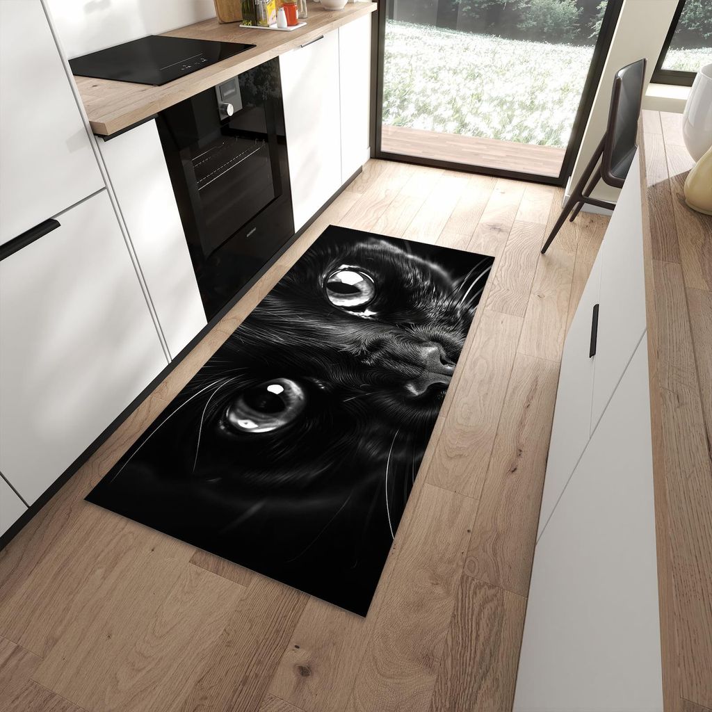 Küchenteppich 90x180cm rutschfest & abwischbar PVC Läufer - Katzengesicht