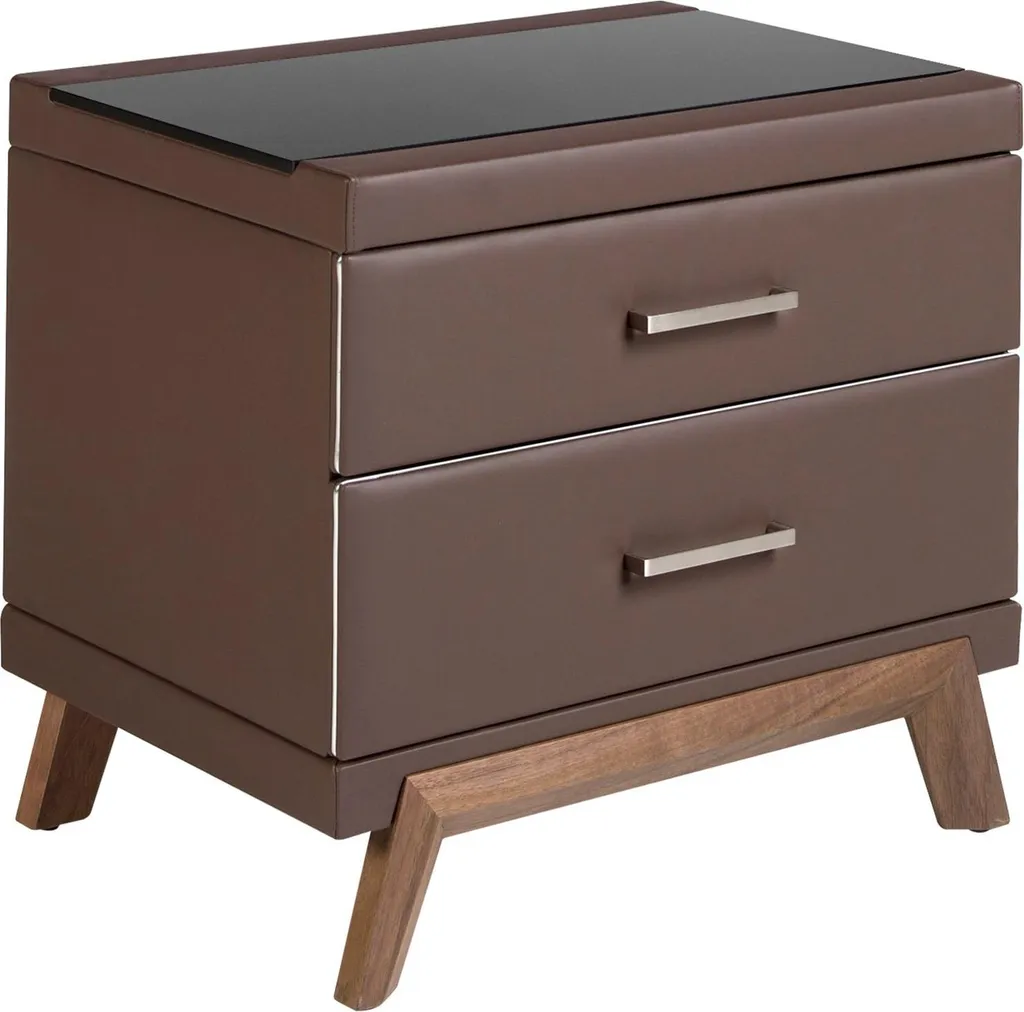 Chevet Design en Noyer et Similicuir avec Plateau Verre Noir 7162