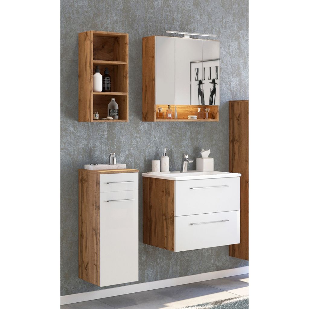 Badezimmer Set 4-tlg. mit Beleuchtung und Waschbecken LOUNY-03 in Wotaneiche Nb. mit matt weiß, B/H/T: ca. 110/200/48 cm