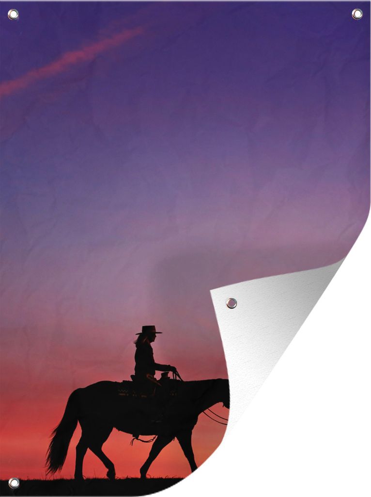 MuchoWow 60x80 cm Outdoor-Poster Gartendeko Sichtschutz Garten Poster für den Garten Silhouette eines Cowboys vor einem lila Himmel
