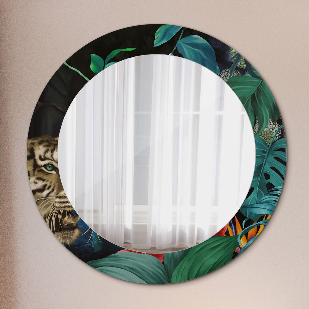 Ø60cm Spiegel - Glasrahmen mit Aufdruck - Wandspiegel Schlafzimmer - Floral Muster