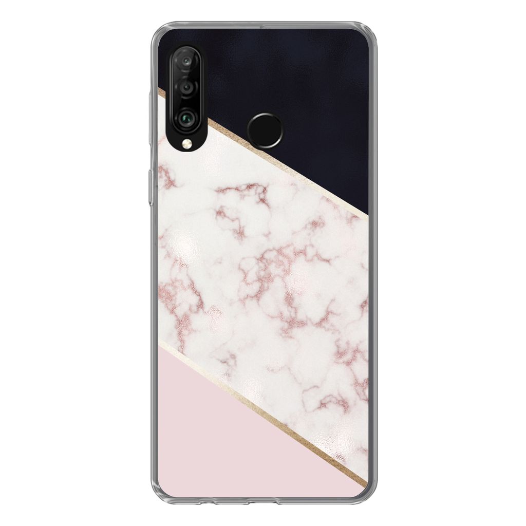 MuchoWow Handyhülle Schutzhülle Hülle für Huawei P30 Lite Marmor - Roségold - Luxus Silikon Softcase Handy Hülle - Handyhülle