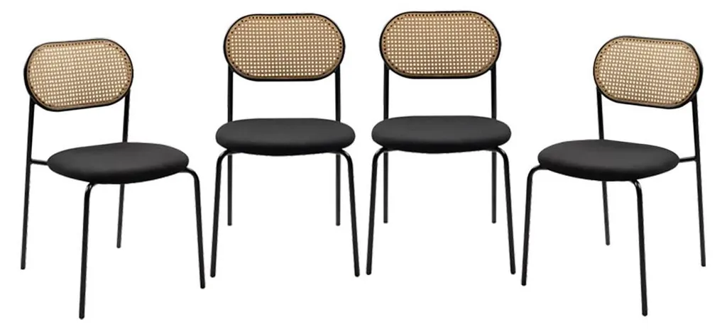 Lot 4 chaises Mozart pour salle à manger rotin et métal style rétro
