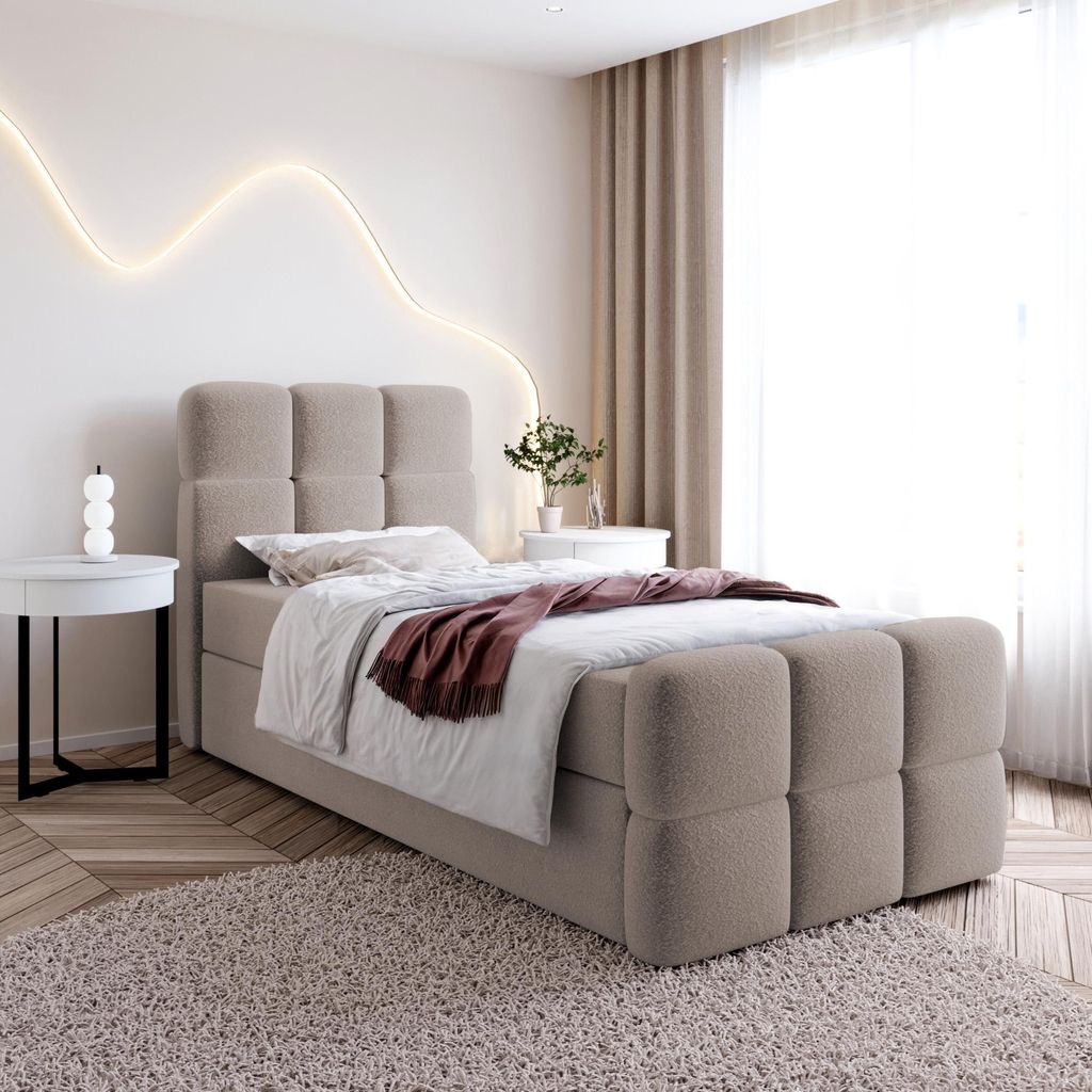 Einzelbett SALA MINI mit Bettkasten, Boxspringbett mit Bonellfederkern-Matratze und Bouclé-Stoff (80x200, Cappuccino - Fredo 05, ohne topper)