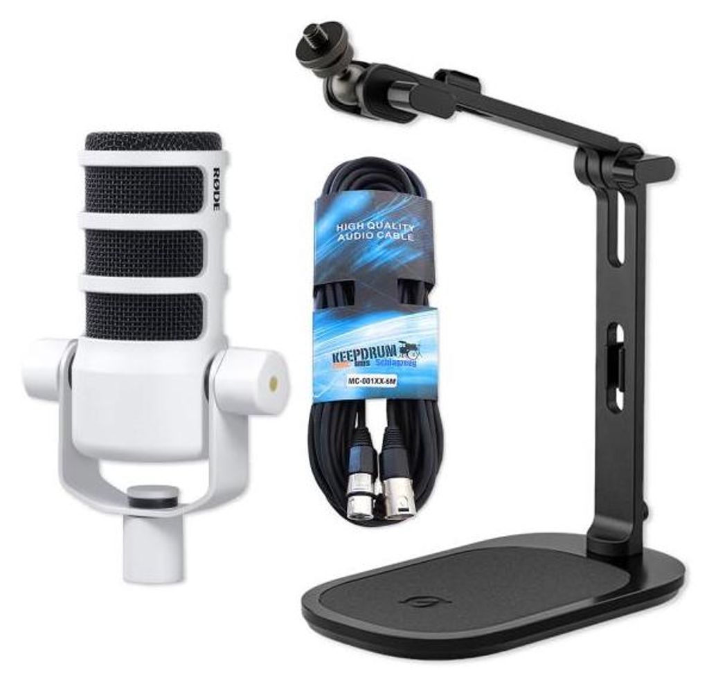 Rode Mikrofon Podmic Weiss mit DS-3 Tisch-Stativ und Kabel