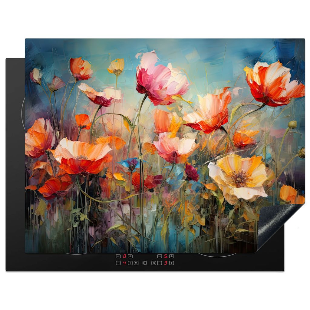 KitchenYeah Herdabdeckplatte Mohnblumen - Farbenfroh - Blumen , 77x59cm, Küche Deko, Glaskeramikkochfeld Herdabdeckung, Abdeckplatte fùr Kochfeld