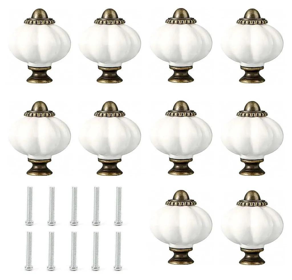 Lot de 10 boutons de tiroir en céramique blanche motif citrouille vintage