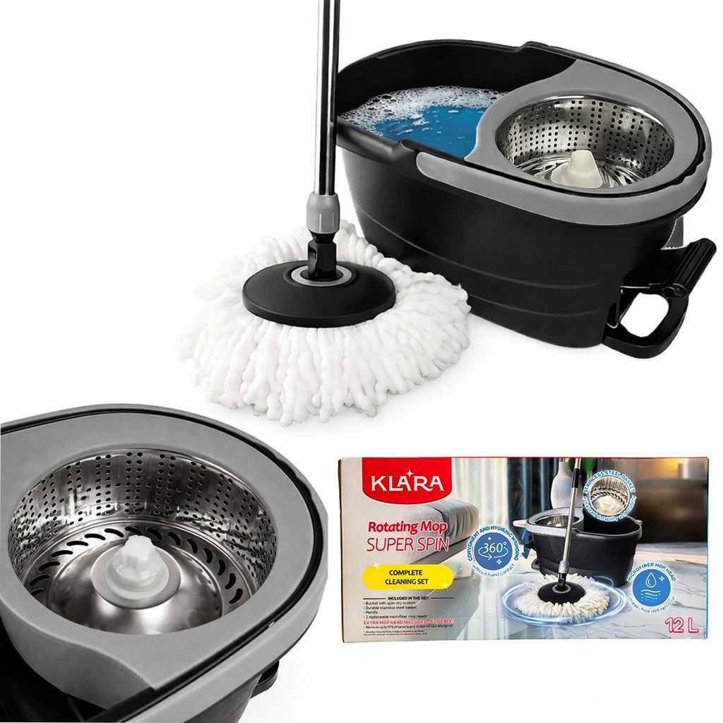 Wischmopp Set 360° mit Pedal Edelstahl Schleuder – Rotationsmopp mit Eimer + 2 Mikrofaser Aufsätze SUPER SPIN