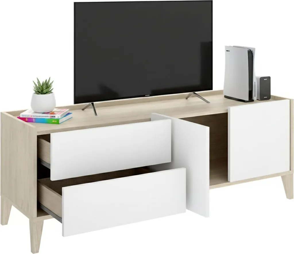 Meuble TV blanc 2 tiroirs - 129cm - Design moderne - Rangement Waynes