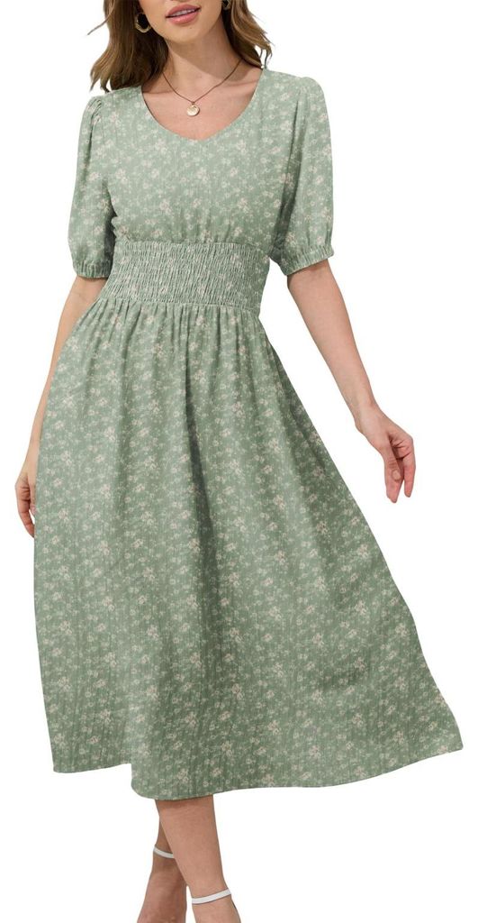 Damen Midikleid Sommer Fließend Gestreckt Blumen Grün XL