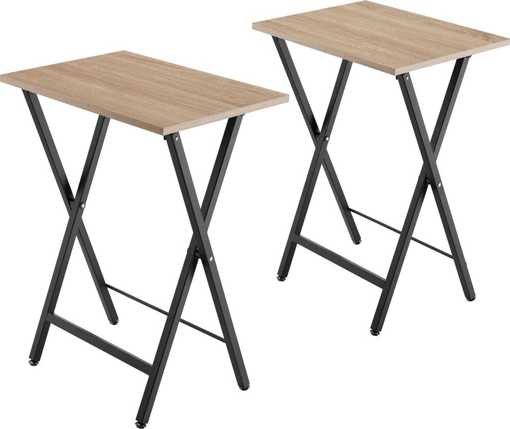 Two identical folding side tables with wooden tops and black metal frames are shown against a white background.