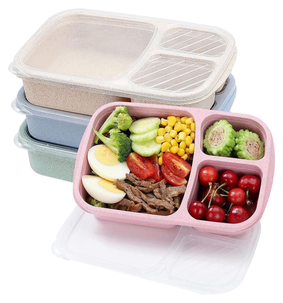 4er-Pack Bento-Lunchbox-Set, 3 Fächer, Weizenstroh, Produktbild 