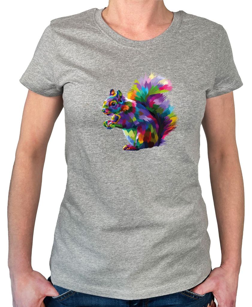 Huuraa Damen T-Shirt Eichhörnchen Colorful XL Sport Grey Bio Baumwolle Fairtrade Damenshirt Geschenkidee