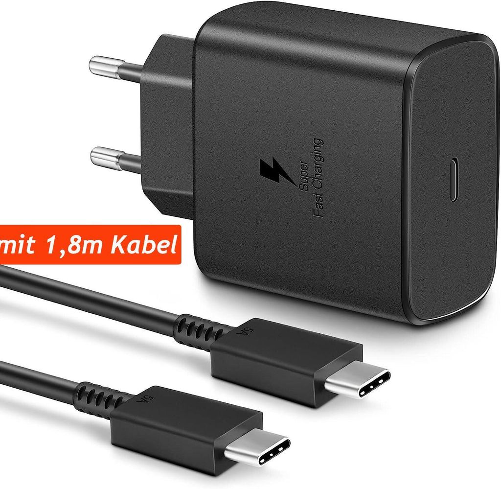 A black USB-C fast charger and two USB-C cables are shown against a white background.