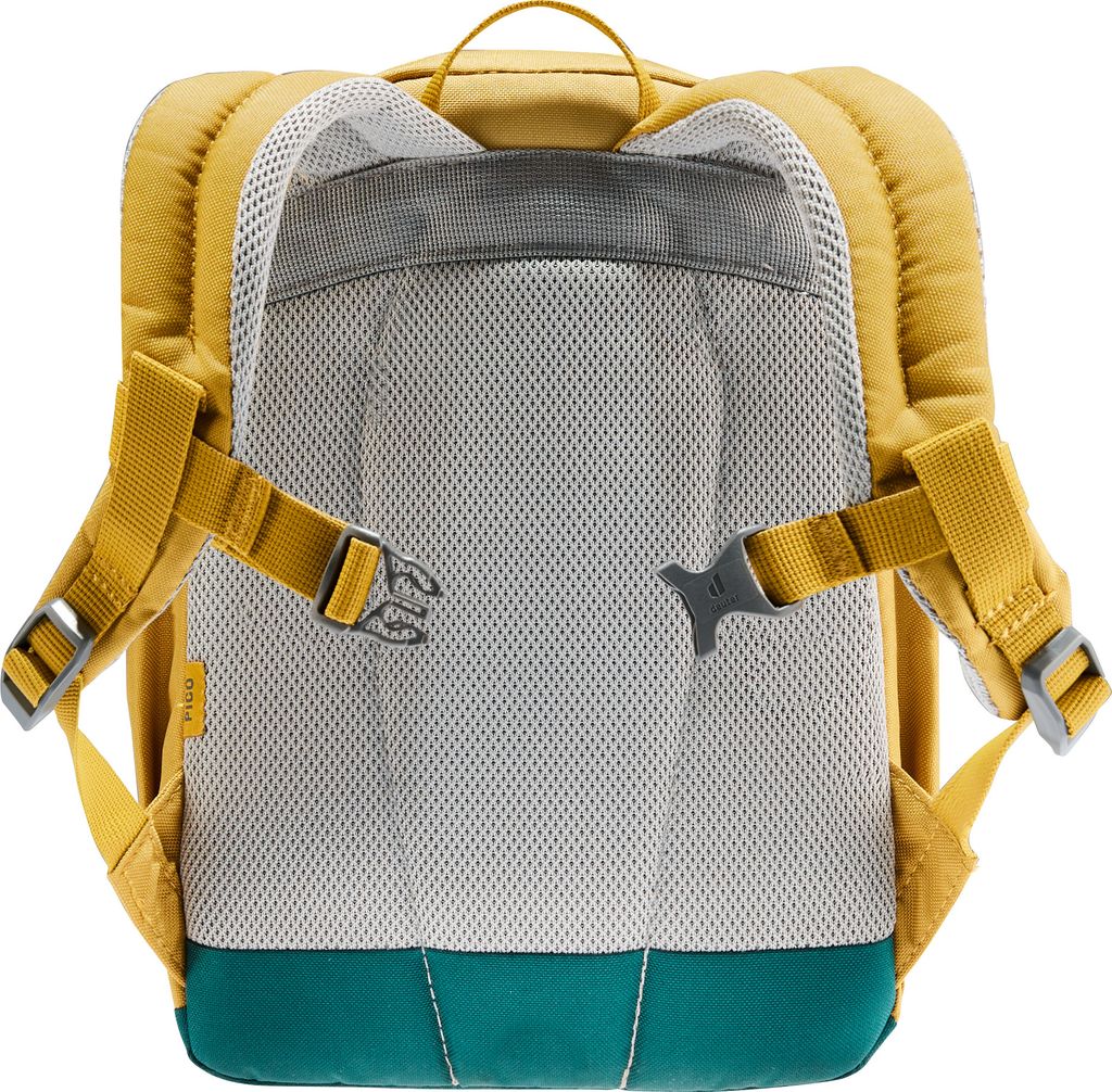 The back of a yellow and teal backpack.