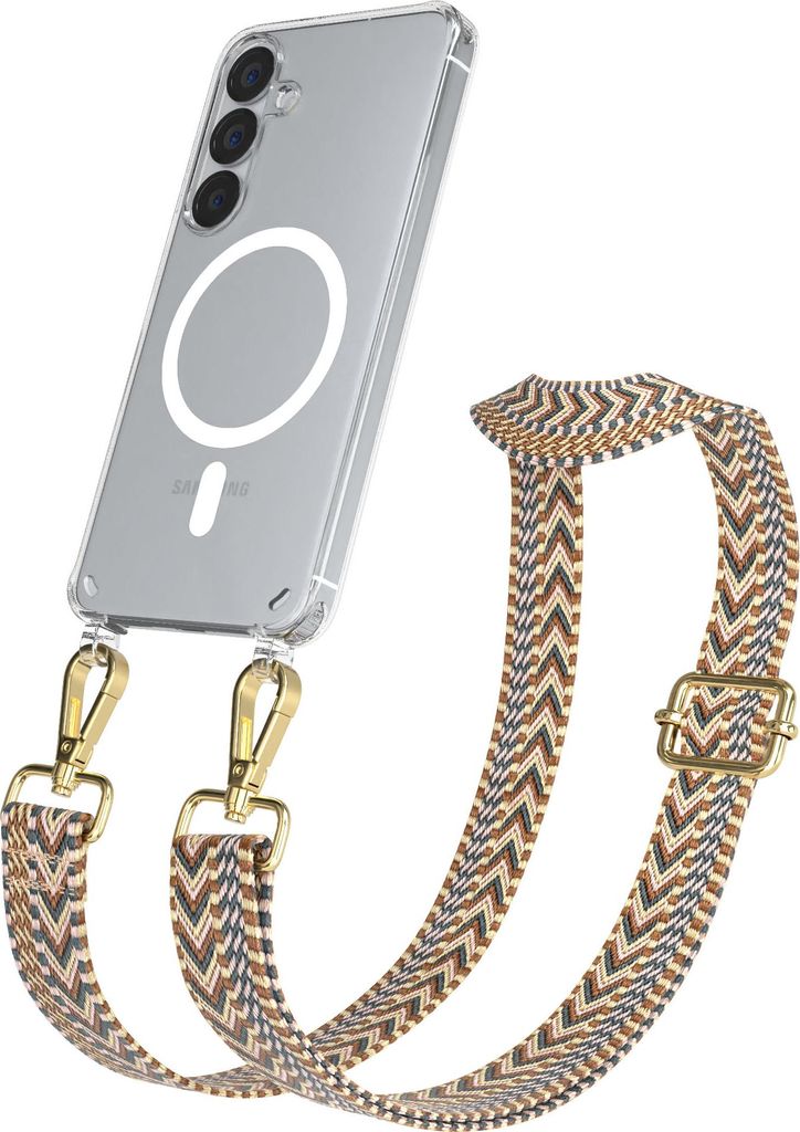 EAZY CASE - Handykette mit MagSafe Hülle für Samsung Galaxy S25, Handyband ZigZag Style,Karabiner Gold, Umhängeband in Braun