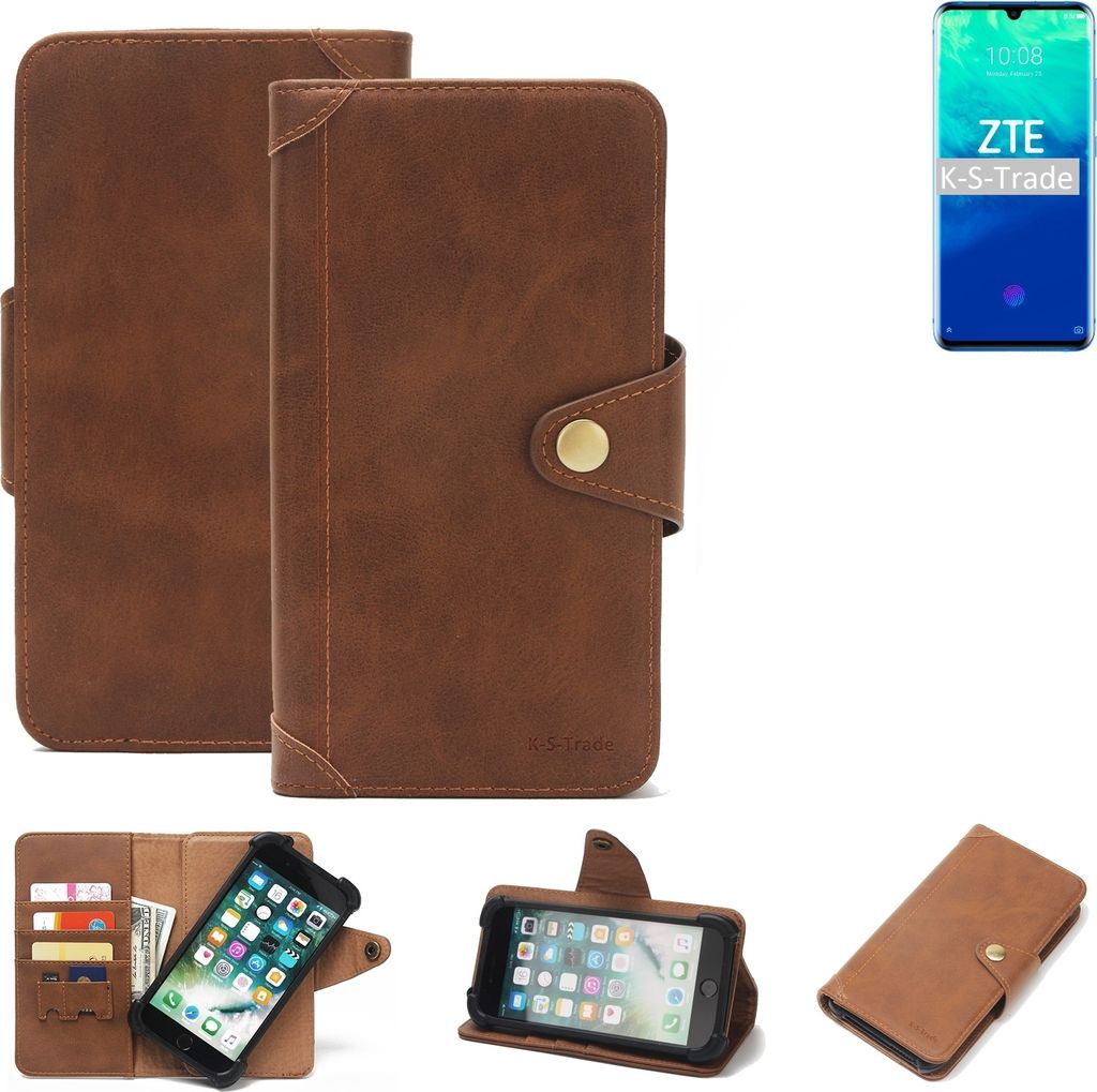 K-S-Trade Handyhülle für ZTE Axon 10 Pro Schutz Hülle Walletcase Bookstyle Tasche Case Handytasche Wallet Flipcase Cover PolyurethanBraun (1x)