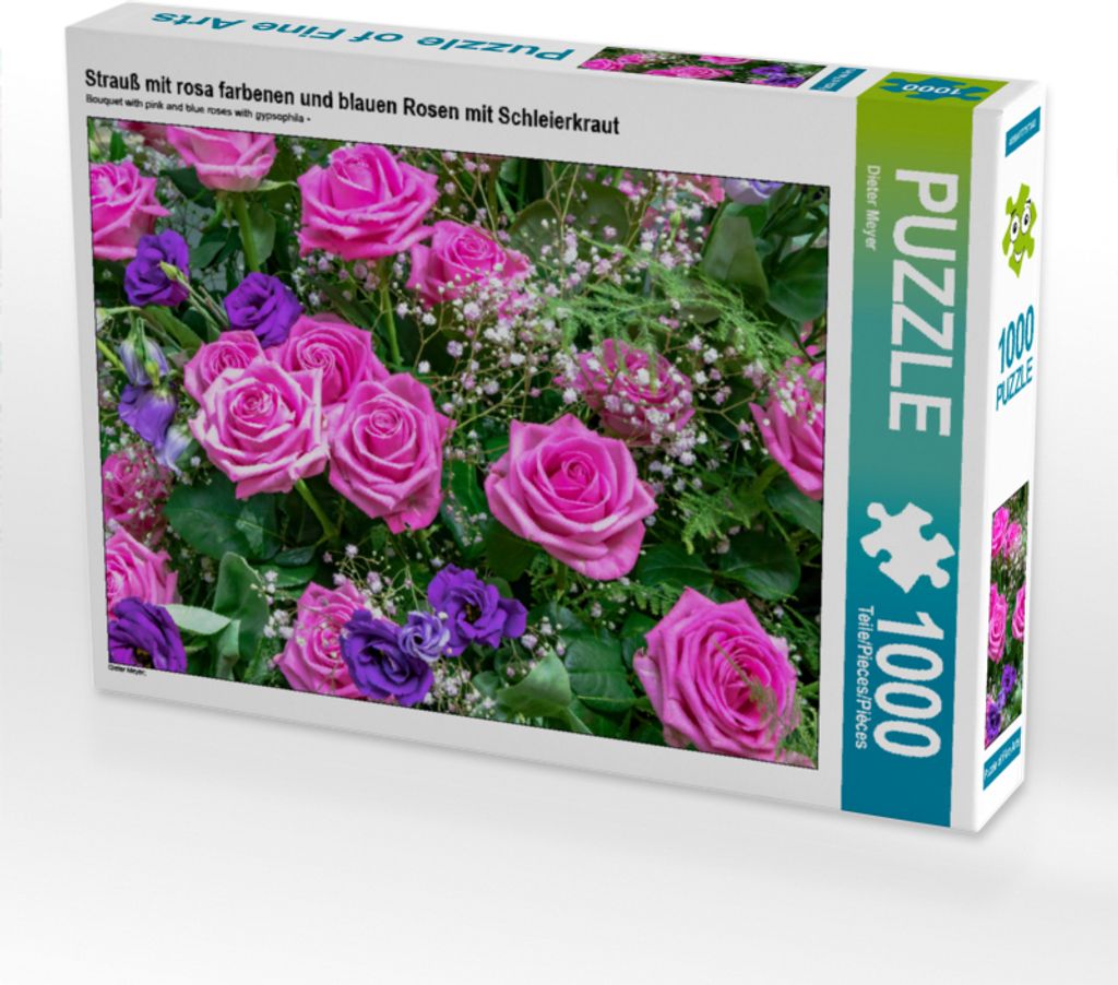 CALVENDO Puzzle Strauß mit rosa farbenen und blauen Rosen mit Schleierkraut | 1000 Teile Lege-Größe 64x48cm Foto-Puzzle für glückliche Stunden