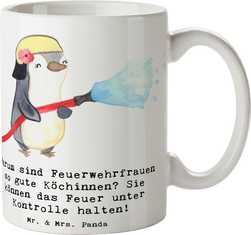 Mr. & Mrs. Panda Tasse Feuerwehrfrau Köchin - Weiß - Geschenk, Geschenke mit Herz, handgefertigte, Leben retten, täglicher Einsatz, Keramikbeche...